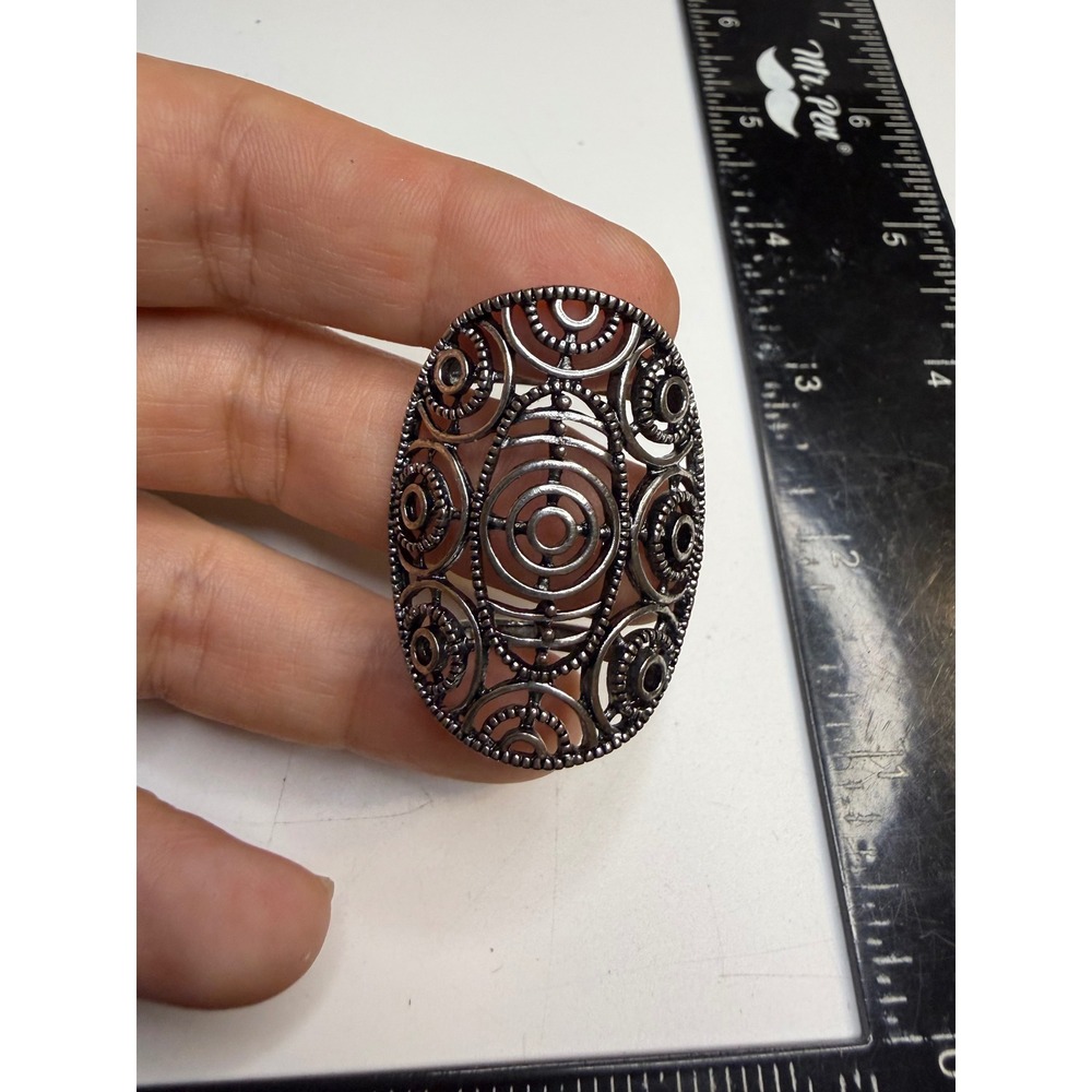Gunmetal Filigree Oval Statement Ring Boho Geometric Openwork Size 6.5